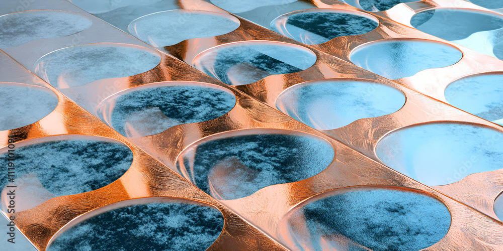 Poster copper and blue abstract pattern: a mesmerizing abstract pattern of copper and blue circles, creatin