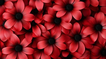 A vibrant pattern of red flowers with black centers, creating a visually striking design.