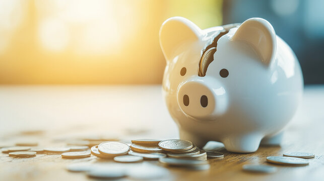 Broken piggy bank with coins scattered around, symbolizing financial struggle and the need for careful budgeting and saving.