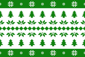 Christmas and New Year seamless pattern. Green snowflakes and Christmas tree on  White pixel pattern for winter hat,jumper,sweater, wrapping,fabric,border,rim,carpets, blankets, towels.