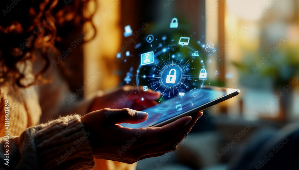 Poster a person's hand holding a tablet device with various digital security and technology icons floating 