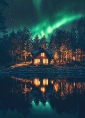 Illuminated Cabin Reflecting in Still Lake Under Aurora Borealis