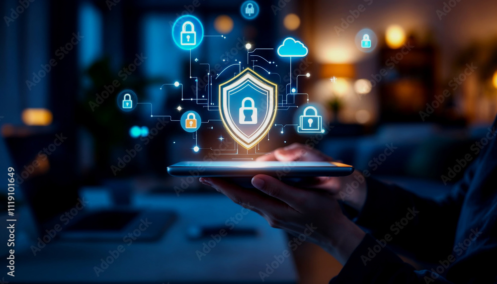 Poster a person's hand holding a tablet device with various digital security and technology icons floating 