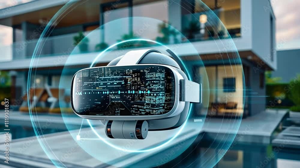 Aufkleber a person engages with virtual reality technology featuring a sleek headset while relaxing by a stunn
