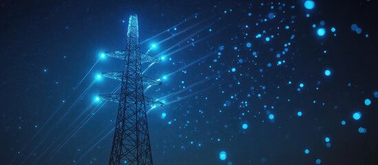 A tall electric power tower with glowing wires against a night sky filled with bokeh lights.