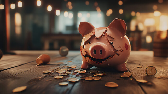 Broken piggy bank with coins scattered around, symbolizing financial struggle and the need for careful budgeting and saving.