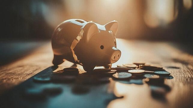 Broken piggy bank with coins scattered around, symbolizing financial struggle and the need for careful budgeting and saving.