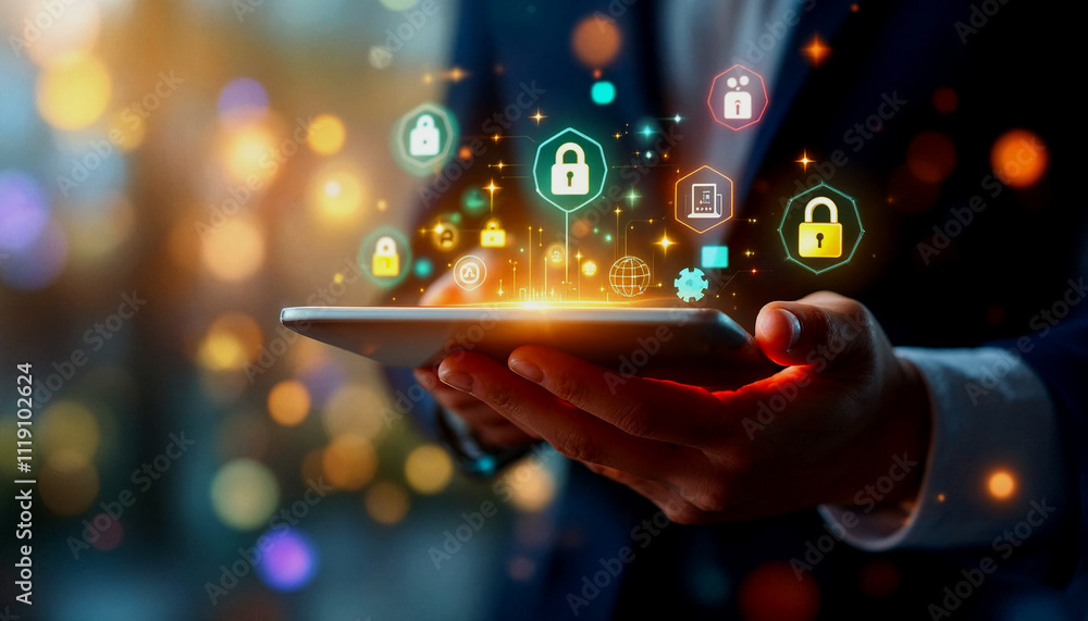 Poster a person's hand holding a tablet device with various digital security and technology icons floating 