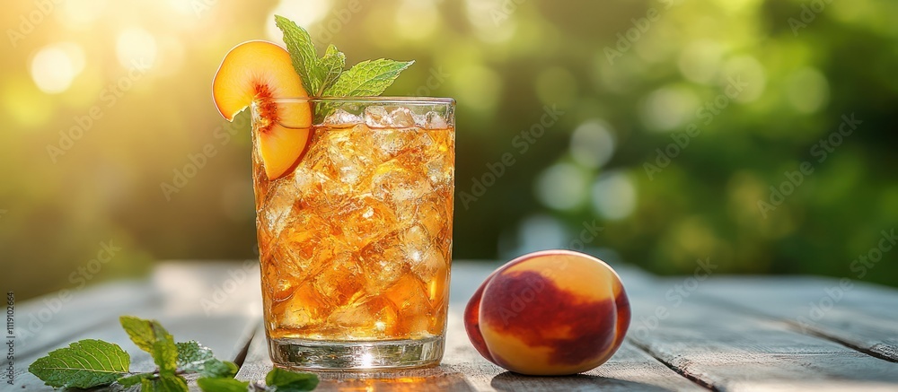 Poster iced tea with peach slice and mint garnish in a glass with ice on a wooden table in a summer setting