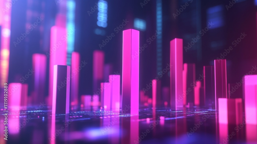 Fototapete Abstract Neon Composition of Vibrant Digital Bar Graphs and Patterns