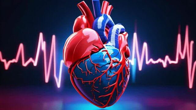 3d human heart with red cardio pulse line cardiogram organ