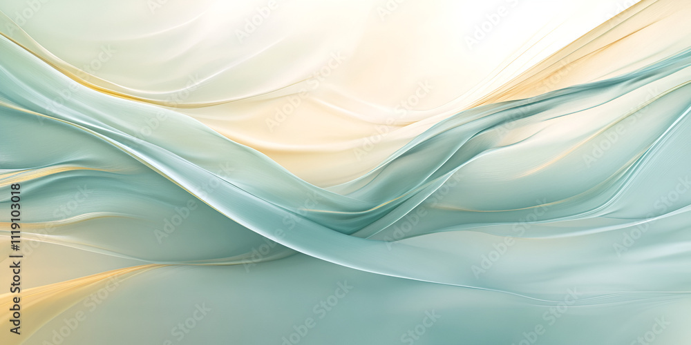 Poster serene drape: abstract image of flowing teal and beige fabric, creating soft, elegant waves and a ca