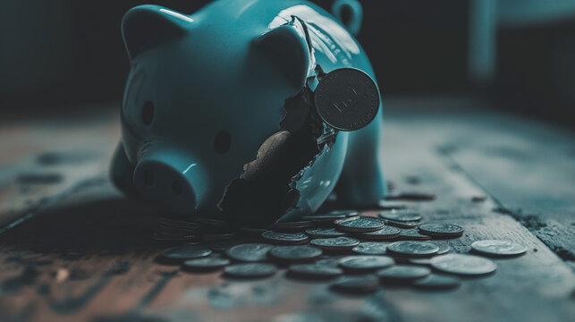 Broken piggy bank with coins scattered around, symbolizing financial struggle and the need for careful budgeting and saving.