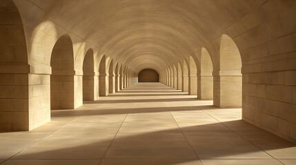 long underground tunnel with endless arches and soft lighting creates serene atmosphere