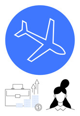 Airplane in blue circle, briefcase with graphs and dollar sign icon, and businesswoman silhouette. Ideal for travel, finance, corporate strategy, business planning, growth, investments partnerships