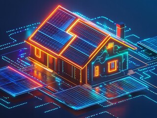 Smart home with solar panels, digital circuit board. (1)