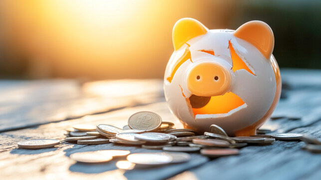 Broken piggy bank with coins scattered around, symbolizing financial struggle and the need for careful budgeting and saving.