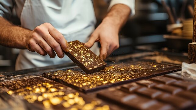 A chocolatier carefully crafting artisan chocolates with gold leaf decorations, showcasing skill and precision in a vibrant kitchen filled with sweet aromas.