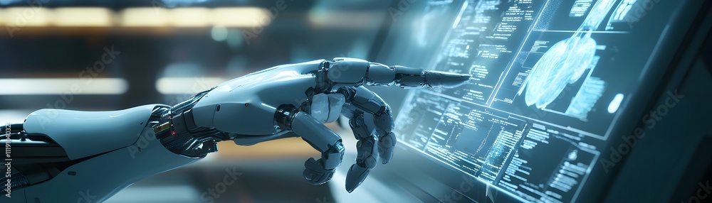 Poster a close-up of a robotic hand interacting with a futuristic touchscreen interface. the scene emphasiz