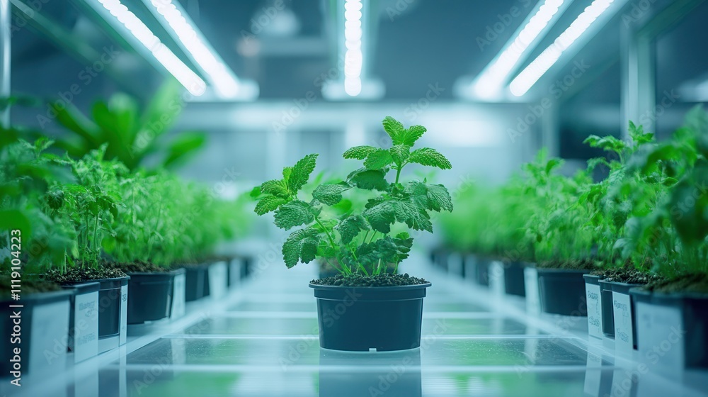 Aufkleber a row of potted plants in a laboratory setting under artificial lights.