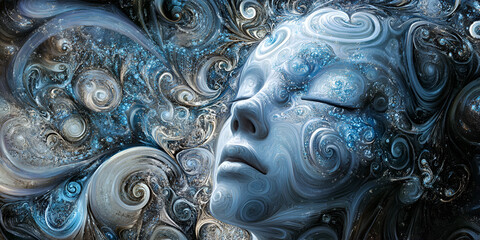 Tranquil Mind: A surreal portrait of a woman lost in a dreamlike state, her face enveloped by swirling blue and grey patterns. The image invites viewers to explore the depths of their own inner world.