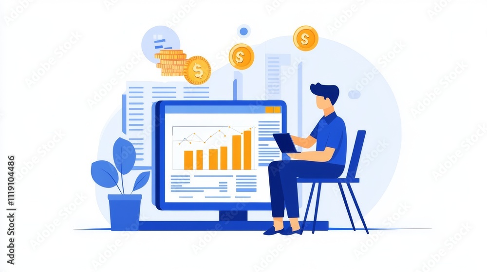 Fototapete person analyzing financial data on computer with charts and graphs