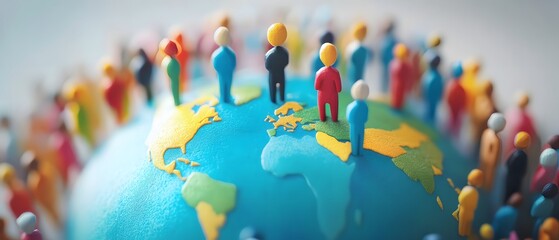Fototapeta premium A colorful representation of diverse figures standing on a globe, symbolizing unity and global collaboration among different communities across the world.