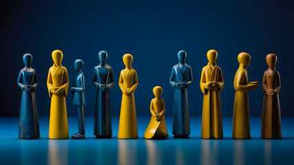 Row of wooden figurines arranged diagonally on a smooth, reflective blue surface.
