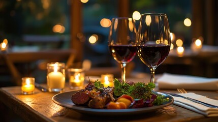 A beautifully plated meal for two with candles and wine, set on a cozy restaurant table