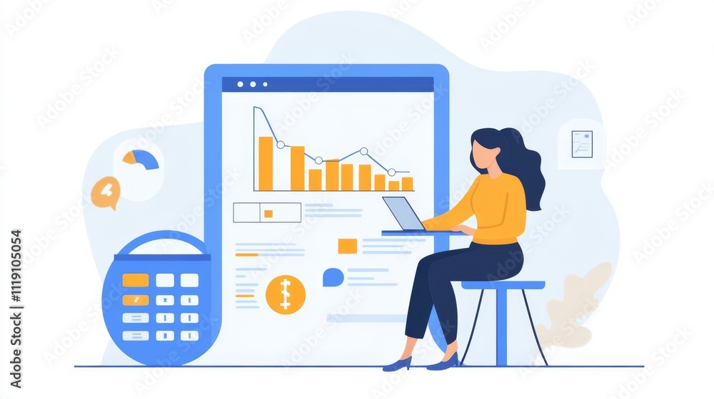 Aufkleber woman analyzing data on laptop with colorful charts and calculator