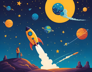Obraz premium Captivating Outer Space Illustration for Kids: Rocket Launch Adventure