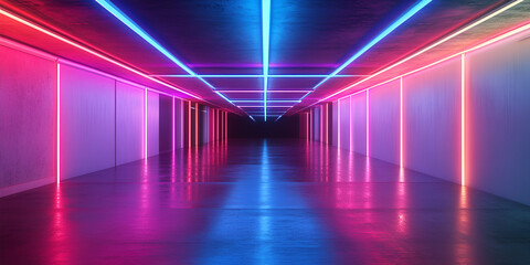 Fototapeta premium Neon Tunnel: A vibrant and futuristic tunnel illuminated by neon lights in shades of blue, pink, and red. The reflective floor creates a captivating kaleidoscope of colors.