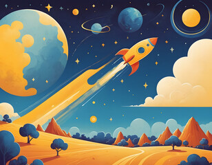 Naklejka premium Captivating Outer Space Illustration for Kids: Rocket Launch Adventure