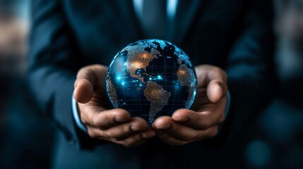 Fototapeta premium Businessman Holding a Digital Globe in Hands Representing Innovation