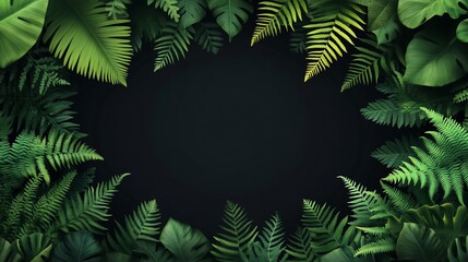Lush green tropical leaves frame on black background.
