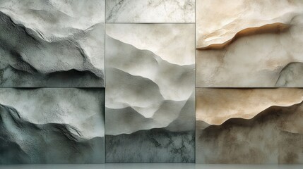 Abstract textured wall panels in earthy tones of green beige taupe rustic stone-like grid pattern natural background