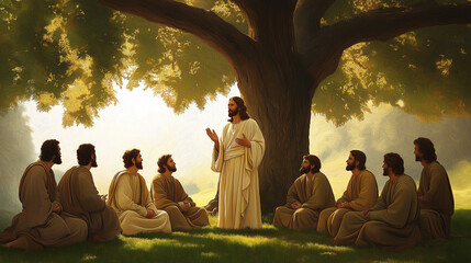 Jesus christ preaching to his disciples under a tree