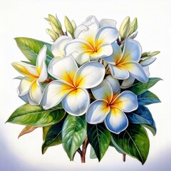 Fototapeta premium Beautiful white plumeria flowers with yellow accents on green leaves.