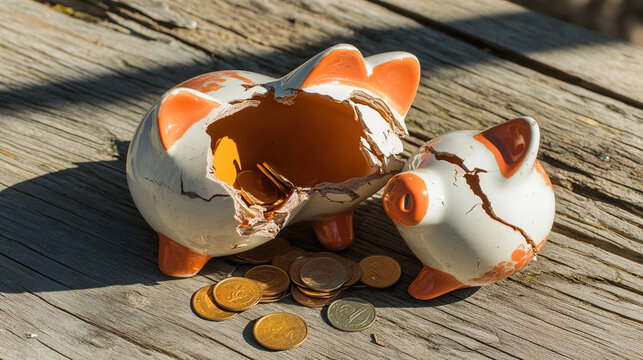 Broken piggy bank with coins scattered around, symbolizing financial struggle and the need for careful budgeting and saving.
