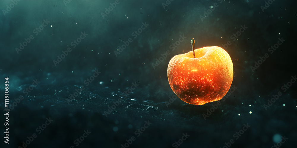 Poster burning apple of temptation: a glowing, fiery apple hangs suspended in a dark, ethereal void, its lu