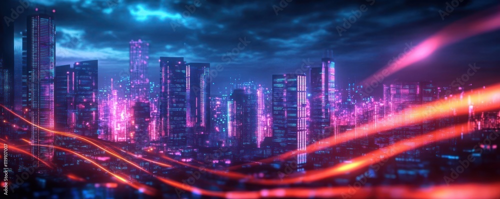 Poster futuristic neon city background for technology applications ai data transfer encryption and multimed