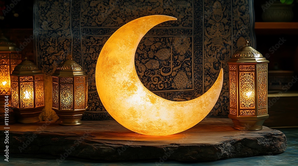 Aufkleber illuminated crescent moon with ornate lanterns.