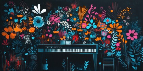 A vibrant mural featuring a piano surrounded by colorful flowers and plants.