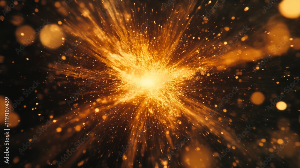 Poster Glowing Explosive Burst of Golden Particles in Dark Background