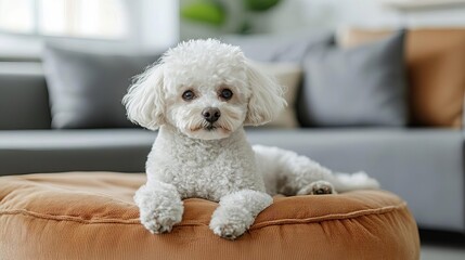 A cute, fluffy poodle resting comfortably on a cozy cushion in a modern living room setting.