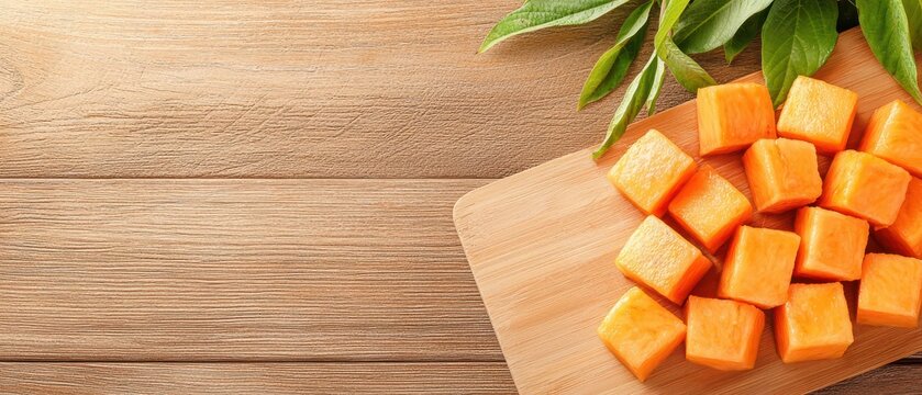 Fresh papaya cubes on a cutting board. Tropical fruit on summer theme background.