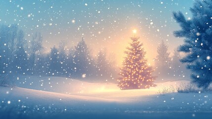 Naklejka premium Magical Christmas tree in snowy forest at night.