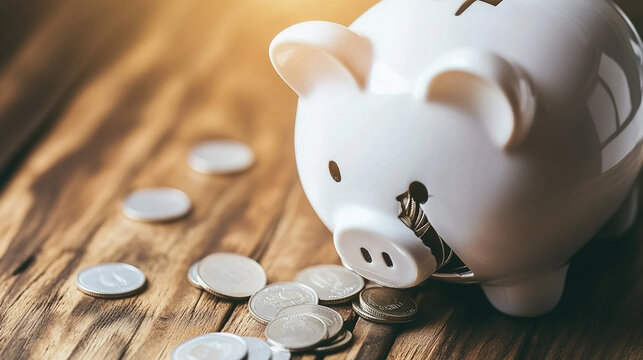 Broken piggy bank with coins scattered around, symbolizing financial struggle and the need for careful budgeting and saving.