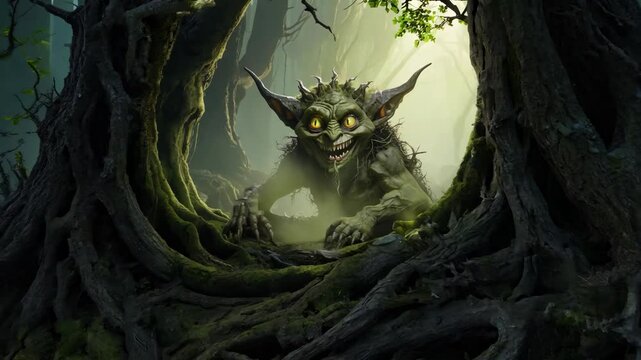 Scary green goblin fantasy character in the dark wood forest