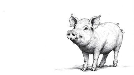 Black and white drawing of a pig on grass, with a white background